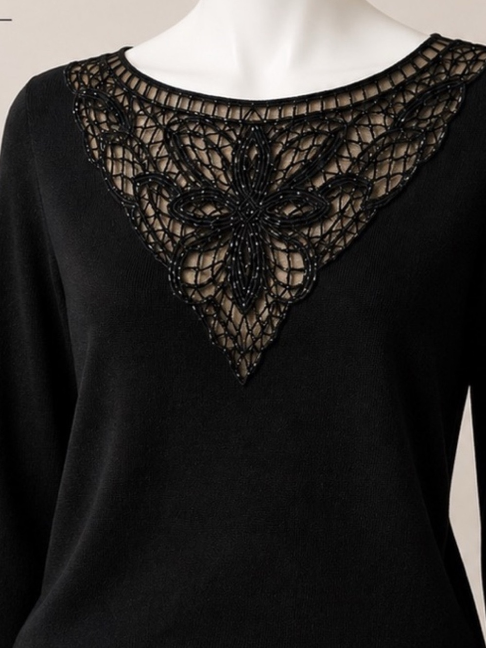 Carmen Marc Valvo Black Top with Beaded Lace Yoke - Medium